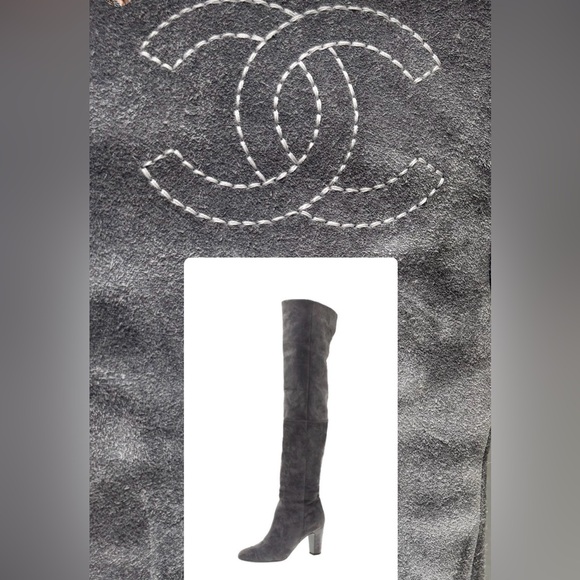 CHANEL Shoes - CHANEL by Karl Lagerfeld grey suede over knee cap toe heeled boots 39.5